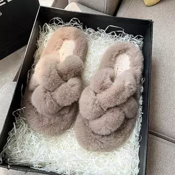 Winter new flat fluffy slippers women s fashion round head open toe suede thick bottom comfortable cotton drag 35 бежевый