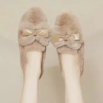Новые зимние туфли на плоской подошве, женская мода, круглая головка, глубокий нос, узел-бабочка, мягкая подошва, нескользящая, удобная шерстяная обувь 35 бежевый