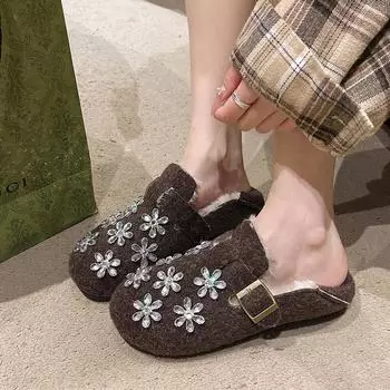 Новые зимние туфли на плоской подошве женские с круглым носком из замши с ромбовидным цветком и металлической пряжкой мягкая подошва нескользящая износостойкая хлопковая обувь 35 бежевый