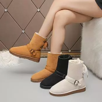 Winter New Flat Snow Boots Women s Fashion Round Head Suede Back Strap Solid Color Round Head Design Short Boots Size 36-43 36 бежевый