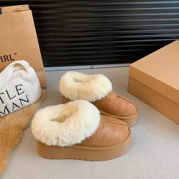 Winter New Flat Snow Boots Women s Fashion Round Head Suede Thick Sole Anti-slip Wear-resistant Short Boots 35 бежевый