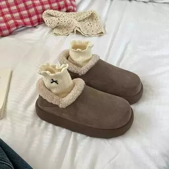 Winter new fur integrated snow boots women s thick-soled velvet one pedal two wear bean shoes warm wool cotton shoes 35