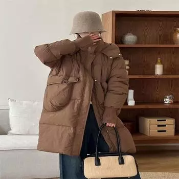 Winter new high-end loose hooded long down jacket women s thickened warm white duck down jacket tide S reference weight 90-62.5 kg чёрный