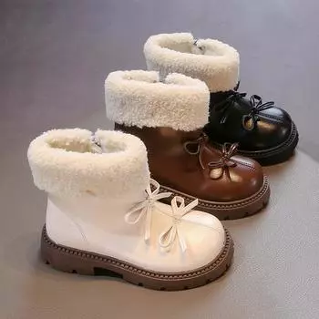 Зимняя новая детская обувь, ботинки для девочек, универсальные детские ботинки на платформе из хлопка, модные повседневные ботинки принцессы с бантом 26 чёрный