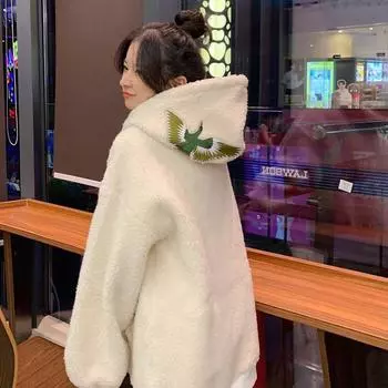 Зимняя новая корейская версия толстой вышитой овечьей шерсти плюс флисовый утолщенный пуловер с капюшоном для женщин повседневное пальто M белый