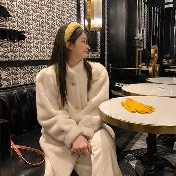 Новое зимнее пальто из овечьей шерсти, женское пальто из искусственного меха, воротник-стойка, утолщенное, свободное, средней и длинной длины, модное пальто S жемчужина белый
