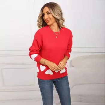 Winter New Large-sized Women s Sweater, Heart-shaped Long-sleeved Knitted Sweater S красный
