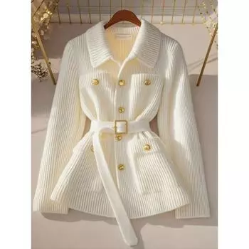 Winter new lazy high-end white knitted cardigan top design soft waxy sweater jacket women S/0-95