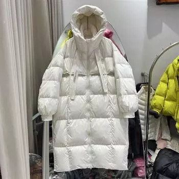 Winter New Long Over-knee Hooded Down Jacket Women s Loose Thickened Large Quilt Fashionable Streamer White Duck Down Jacket S