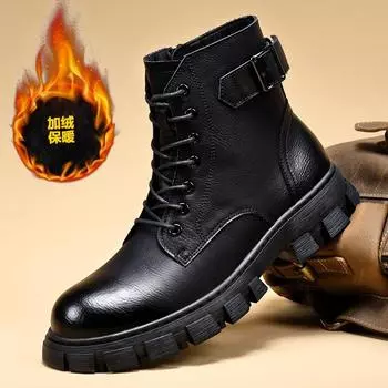 Winter new Martin boots men s high-top leather retro tooling boots men s boots medium-top velvet warm snow boots 38
