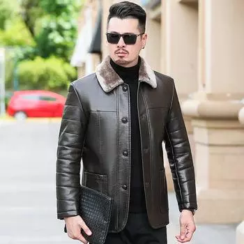 Зимняя новая куртка из овчины среднего возраста, на пуговицах, куртка из натуральной кожи, мужская меховая цельная куртка плюс бархат, теплая и утолщенная куртка 170