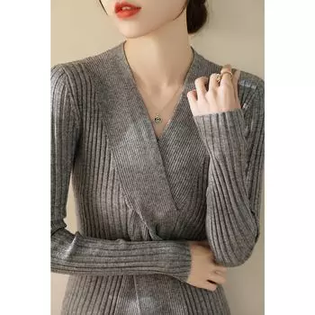 Winter New Milky White Slim fit Slimming Long sleeve Knit Women Cross Design Sense V-neck Thick Sweater Top Melange gray L