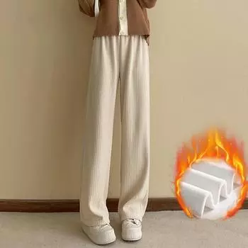 Winter New Plush Velvet Warm Wide Leg Pants for Women Fashion High Waist Straight Casual Chenille Pants Women Drawstring Loose Ladies Trousers 25715 S бежевый