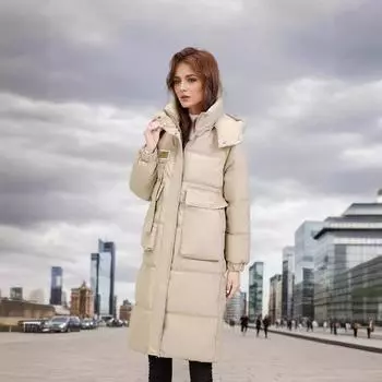 Winter new removable hat cotton-padded clothes for women s medium and long over-knee thickened -padded clothes for women s coats M белый