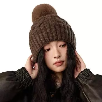 Winter new retro twist hairball knitted hat girls outdoor windproof warm plush wool hat tide M56-58cm чёрный