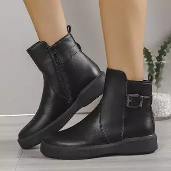 Winter new round head side zipper Martin boots women s short thick-soled single boots flat-bottomed British retro short boots large size 35 чёрный