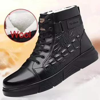 Winter New Shoes for Men Wool Boots High Tops Genuine Leather Casual Shoes Outdoor Crocodile Print Snow Boots 38