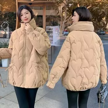 Зимняя новая короткая пуховая одежда на хлопковой подкладке воротник-стойка тисненая свободная одежда на хлопковой подкладке женские куртки на хлопковой подкладке теплые куртки S хаки