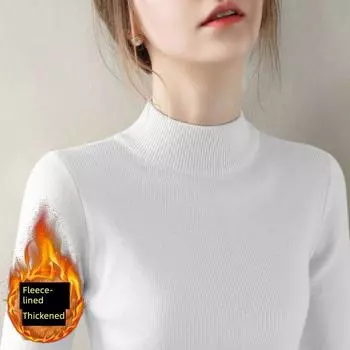 Winter New Slim fit Long sleeve Knit Women Fleece-lined Thick Fleece Inner wear Base Top Half-high Collar Sweater