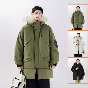 Зимний новый стиль 90% белый утиный пух гонконгский стиль средняя длина воротник меховой съемный теплый и морозостойкий популярный стиль для пар M