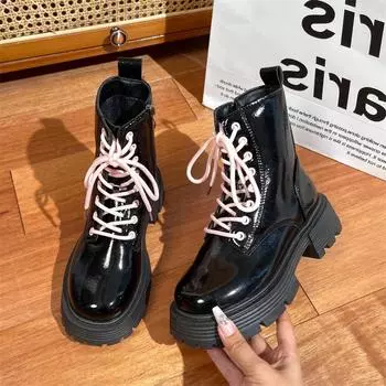 Winter New Style Fashion Boots Women’s Mid-tube Thick Heel Soft leather Lace up design Ankle Boots Women’s Chunky Platform Boots 35 чёрный