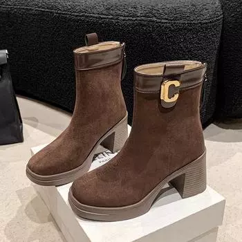 Winter New Thick Heel Cotton Boots Women s Fashion Round Head Back Zipper Thick Sole Non-slip Temperament Short Boots 35 чёрный