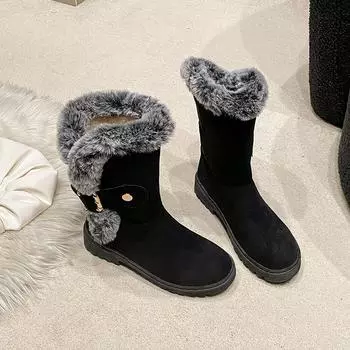 Winter New Thick Heel Cotton Boots Women s Fashion Round Head Suede Metal Buckle Soft Sole Non-slip Mid-calf Boots 35 чёрный
