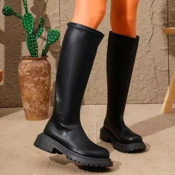 Winter New Thick Heel Cotton Boots Women s Round Head Back Zipper Thick Sole Anti-slip Wear-resistant High Boots 35 чёрный