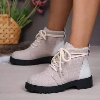 Winter New Thick Heel Cotton Boots Women s Fashion Round Head Cloth Front Lace-up Thick Soled Comfortable Short Boots 35 грязно-белый
