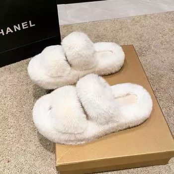 Winter New Thick Sole Cotton Sandals Women Fashion Round Head Open Toe Suede Comfort with Fluffy Flip-flops 35 грязно-белый