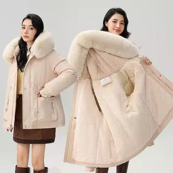 Зима новый утолщенный пирог, чтобы преодолеть женскую талию и тонкий капюшон с большим меховым воротником теплое хлопковое пальто прилив M белый