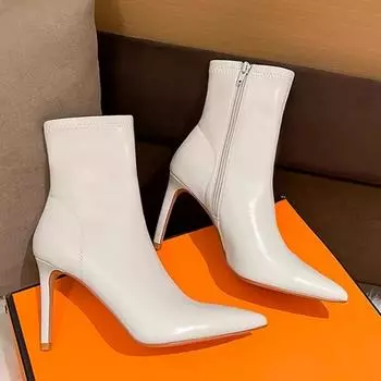 Winter New Thin Heel Cotton Boots Women s Fashion Pointed Side Zipper Anti-slip Wear-resistant Short Boots 35 белый