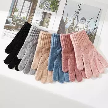 Зимние новые женские однотонные вязаные ромбовидные жаккардовые теплые перчатки из шерсти модные сенсорные экраны для езды на велосипеде холодостойкие с полным пальцем one size fits all