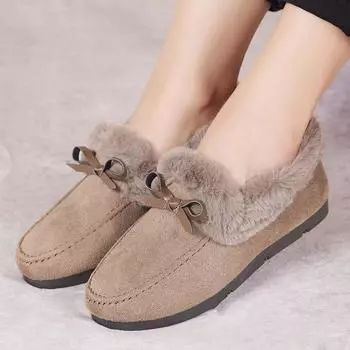 Winter New Women s Velvet Boot Fashion Comfort Warm Plush Loafers Moccasins Soft Non-slip Flat Bow Female Cotton footwear Mujer 35 чёрный