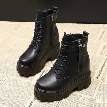 Winter Non-slip Side Zipper New Wear Resistant 2024 Hot Sale Round Head Ladies Boots Fashion Outdoors Wedge Women Shoes 35 чёрный