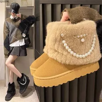 Winter Pearl Chain Decor Warm Snow Boots for Women 2025 New Fluffy Plush Platform Ankle Boots Female Thick Sole Cotton Shoes 36 коричневый
