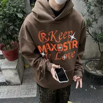 Winter Personalized Simple American Retro Design Letter Hooded Sweatshirt for Men and Women Y2K Street Loose Jacket Ins S коричневый