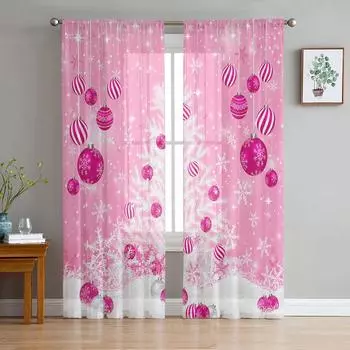 Winter Pink Christmas Ball Christmas Tree Snowflake Sheer Curtains Living Room Bedroom Kitchen Decor Window Voiles Tulle Curtain W135 x H115cm x1&Rod Pocket