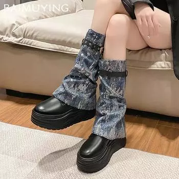 Winter Platform Women High Boots Designer Lace Up Mid Heels Sport Shoes 2025 Trend New Brand Mid Calf Fashion Botas De Mujer 35 бежевый