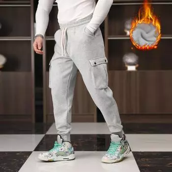 Winter Plus Velvet Men s Trousers Casual Sports Plus Size Pocket Overalls Sweatpants XS светло-серый