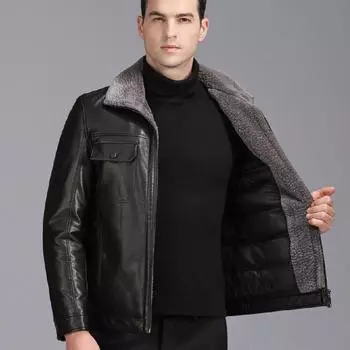 Зимняя куртка из утолщенной кожи с бархатом, мужская куртка из натуральной кожи с лацканами из овчины, теплое пальто для людей среднего и пожилого возраста с интегрированным мехом M