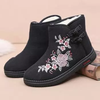 Winter Plus Velvet Warm Old Beijing Cloth Shoes Women s Vintage Ethnic Style Non-slip Soft-soled Embroidered Short Cotton Boots 35
