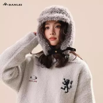 Winter plush and thickened plush hat women s new warm flying hat shows a small face and a cold-proof ski hat M56-60cm чёрный