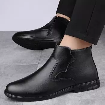 Winter Plush Business High Top Leather Boots English Style Chelsea Mens Boots Round Toe Short Boots Genuine Leather Casual Shoes 37 чёрный