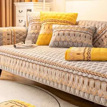 Зимний плюшевый чехол для дивана, стереоскопическая кружевная подушка для дивана, пылезащитный нескользящий чехол для дивана, утолщенный одноцветный коврик для дивана с вышивкой 70x70cm 1pcs