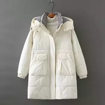 Winter Pocket Padded Jacket Plaid Hooded Women s Fashion Casual Mid-length Padded Jacket XXXXL