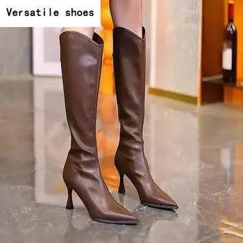 Зимние женские ботфорты с острым носком, модные, из мягкой кожи, дизайнерские, на тонком высоком каблуке, Botas De Mujer 35