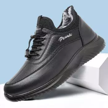 Winter popular leather cotton shoes non-slip ultra-light fashion casual shoes versatile middle-aged and elderly piled thickened warm men s shoes 39 чёрный