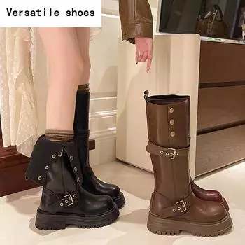 Зимний Панк Стиль Женские Сапоги до Колена Модные Пряжки на Ремнях Длинные Ботильоны Женские Повседневные На Платформе На Каблуках Botas Mujer 35