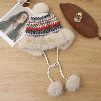 Winter Retro Ethnic Style Knitted Hat Children Thickened Velvet Cold-proof Wool Hat Warm Ear Protector Hairball Bag Head Hat One Size